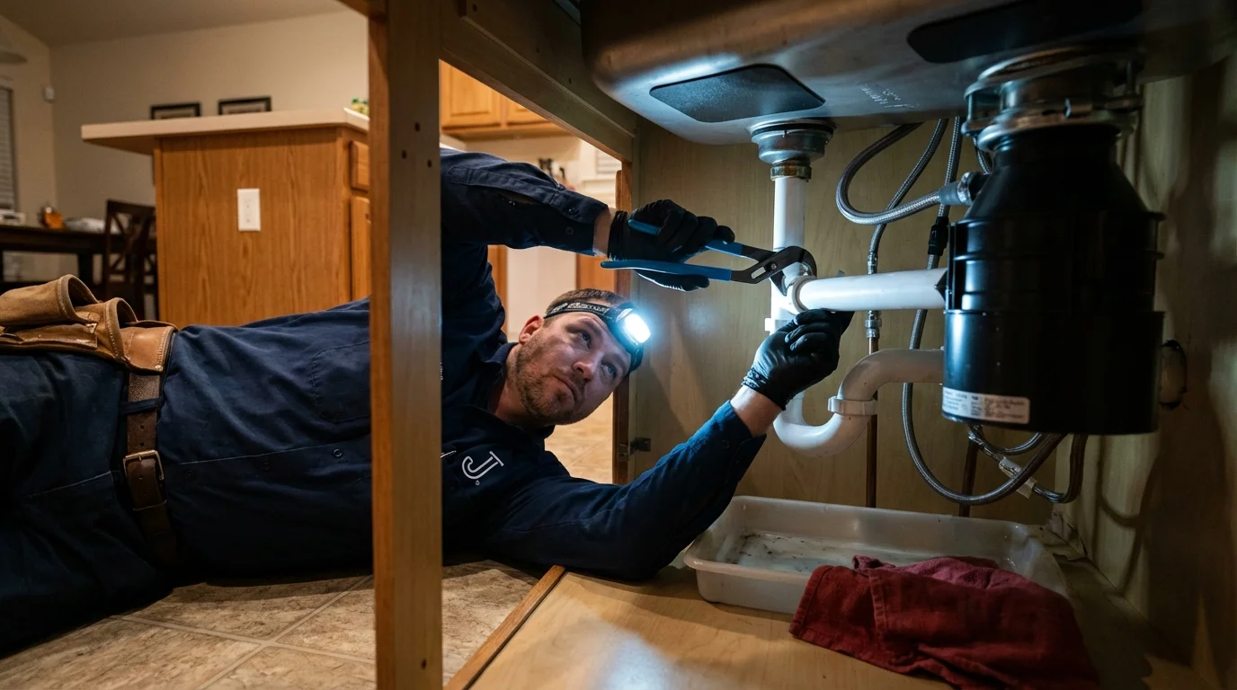 P-trap and supply line connections under a kitchen sink showing a common leak point in Madison, FL